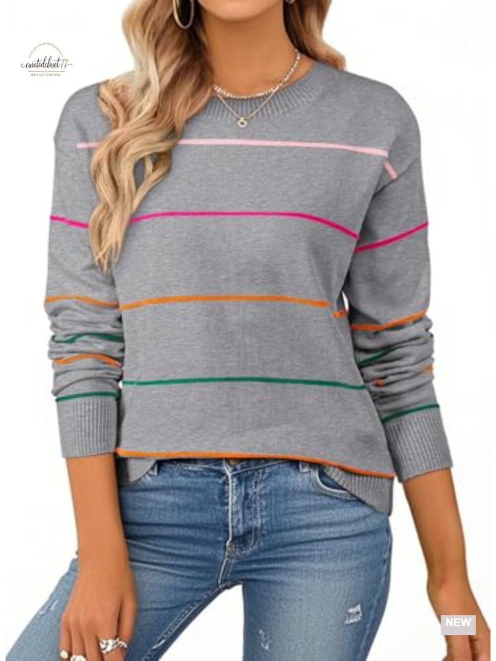 Women's Crew Neck Long Sleeve Striped Knit Sweater Pullover